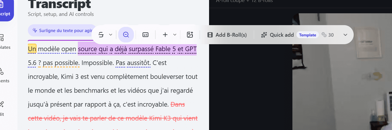 Close-up of the transcript with text selected and the floating action toolbox open